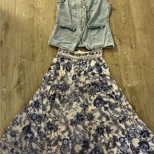 Floral Blue and Cream Women's Skirt size medium and Jean vest size large Set